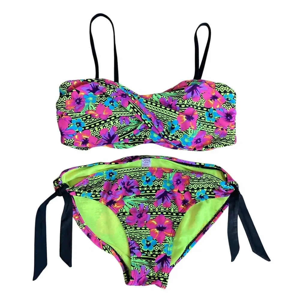 Justice Bandeau Bikini Top & Bottom Girls Sz 16 Yellow Black Tropical Floral